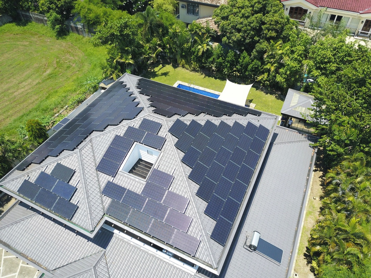 Top shot of solar panels on a rooftop