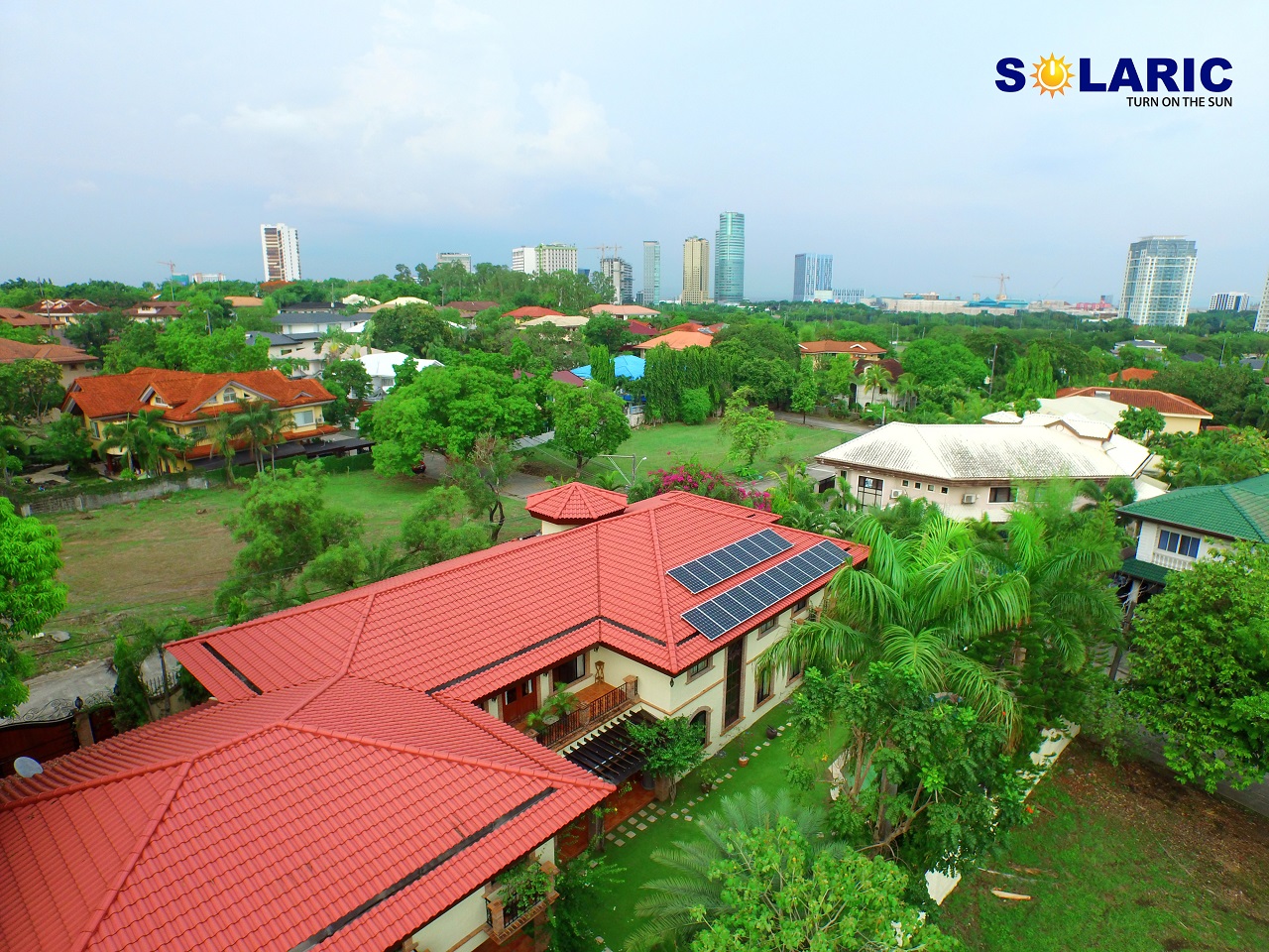 Extreme top shot of a house with solar panels