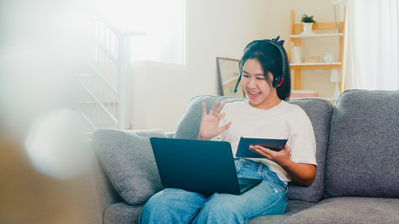A woman on a video call at home