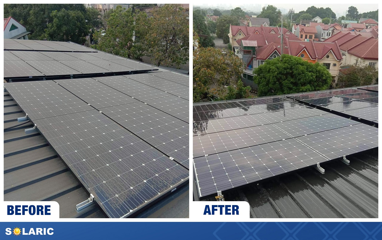 Before and after comparison of dirty and clean solar panels