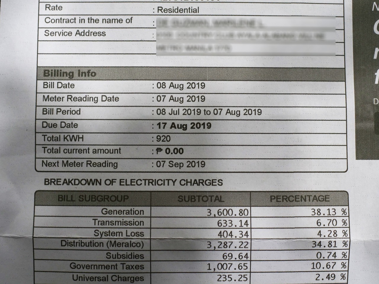 Close up of a zero electricity bill