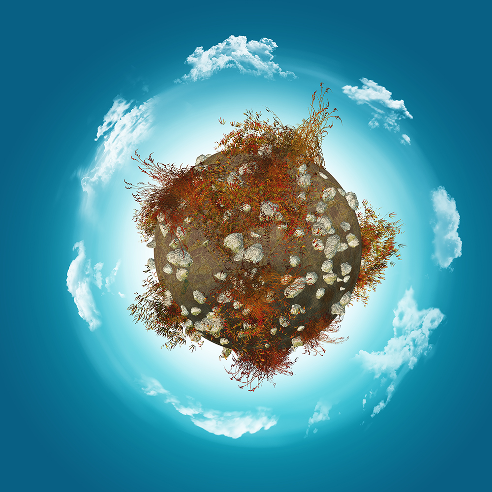 3D render of a globe with rocks and grass on a cloudy background